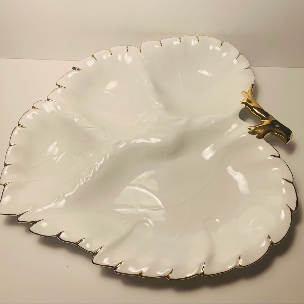 White Porcelain Leaf-Shaped Serving Platter with Gold Trim NWOT